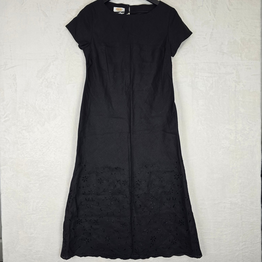 NWT Talbots Petites Black Irish Linen Eyelet Maxi Dress Scallop Hem 4P